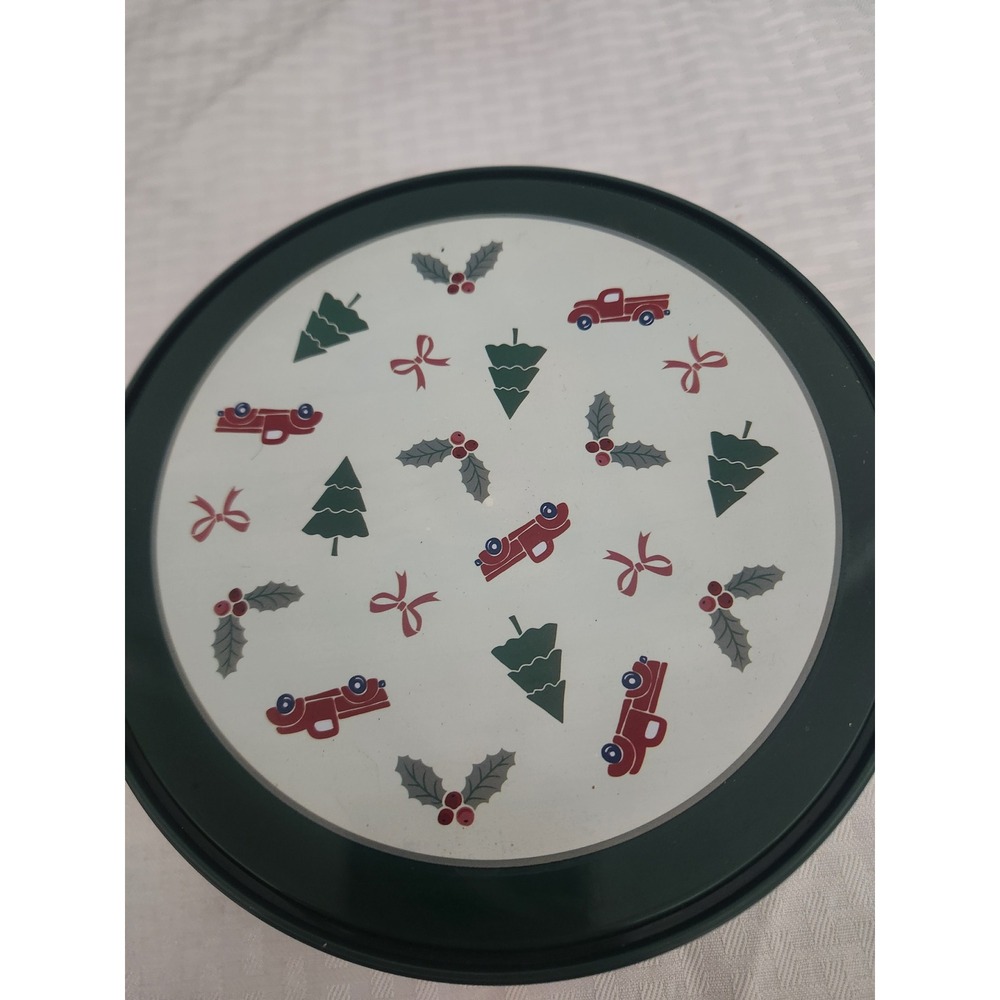 Christmas Holiday Cookie Tin Red Truck Evergreen Tree Round Green Plastic